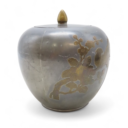 2280 - A CHINESE PEWTER GINGER JARDecorated with brass in relief with birds, 18cm high and with Zitan carve... 