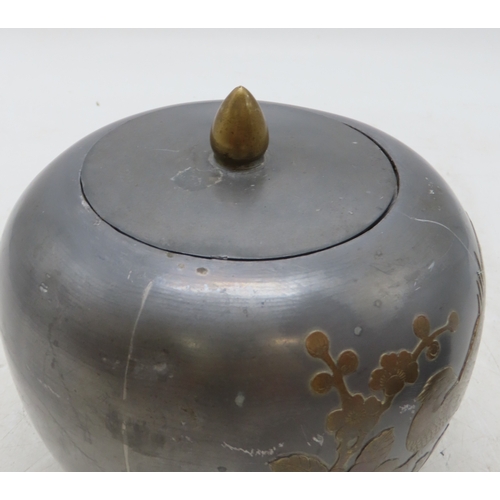 2280 - A CHINESE PEWTER GINGER JARDecorated with brass in relief with birds, 18cm high and with Zitan carve... 