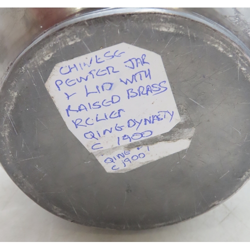 2280 - A CHINESE PEWTER GINGER JARDecorated with brass in relief with birds, 18cm high and with Zitan carve... 