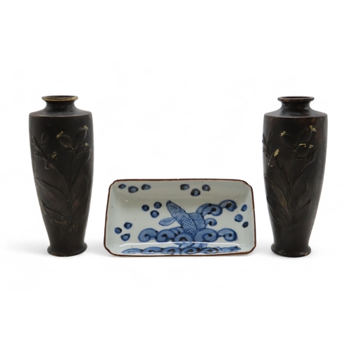 2282 - A JAPANESE BLUE AND WHITE SWEET DISH Painted with a Kashiki carp amongst pond foliage, four characte... 