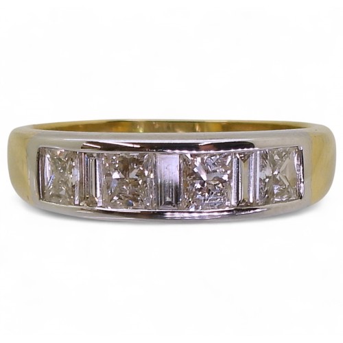 2739 - A PRINCESS CUT DIAMOND RINGthe mount in yellow and white 18ct gold, is set with four princess cut di... 