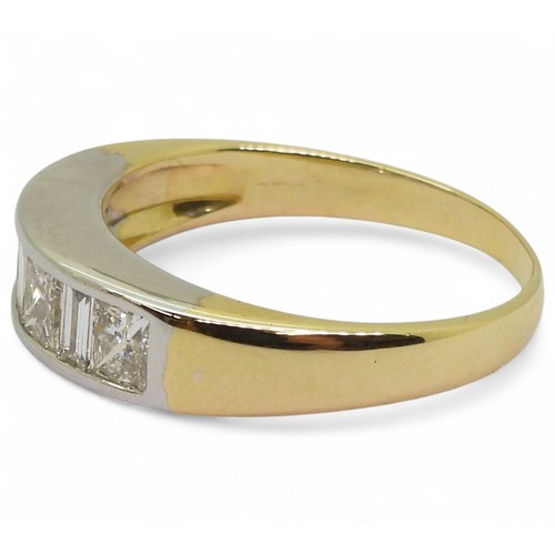 2739 - A PRINCESS CUT DIAMOND RINGthe mount in yellow and white 18ct gold, is set with four princess cut di... 