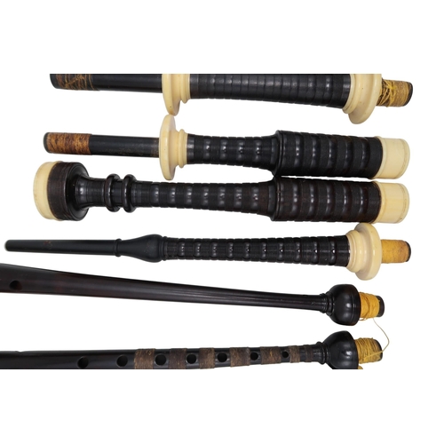 553 - SCOTTISH BAGPIPES blackwood with ivory mounts, including a R R Hardie chanter, a Henderson chanter a... 