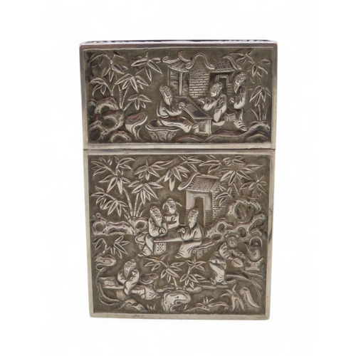 2337 - A CHINESE EXPORT SILVER CARD CASEpossibly Khecheong, of rectangular form, one side engraved with fig... 