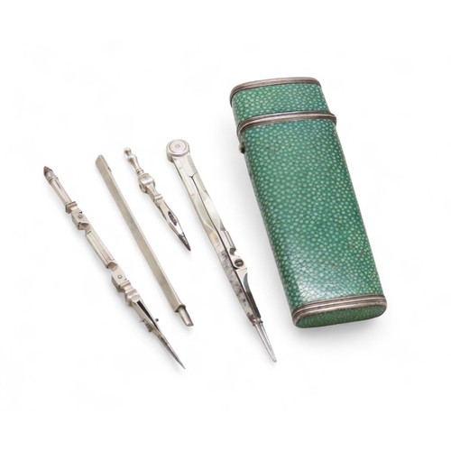 2338 - A 19TH CENTURY SHAGREEN & WHITE METAL GEOMETRY NECESSAIREcomprising a part-set of instruments, t... 