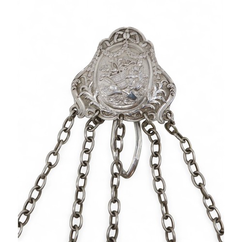 2339 - A VICTORIAN SILVER FIVE CHAIN CHATELAINEthe clip by Mackay, Cunningham & Co, Edinburgh 1873, the... 