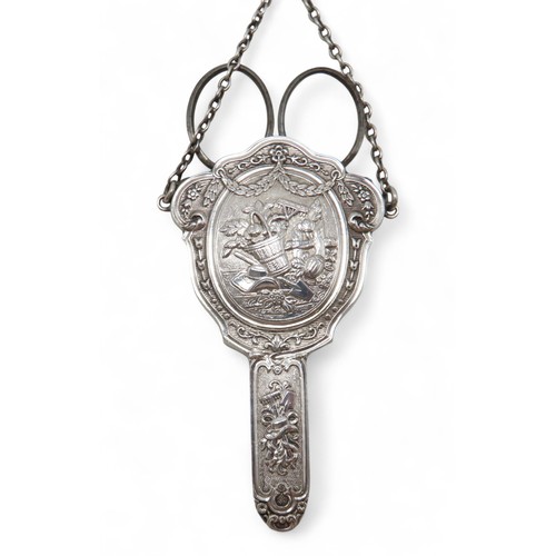 2339 - A VICTORIAN SILVER FIVE CHAIN CHATELAINEthe clip by Mackay, Cunningham & Co, Edinburgh 1873, the... 