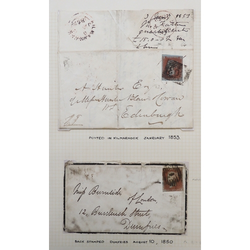 7102 - A small collection of covers and postmarks including several 1d plate pairs many with Scottish cance... 