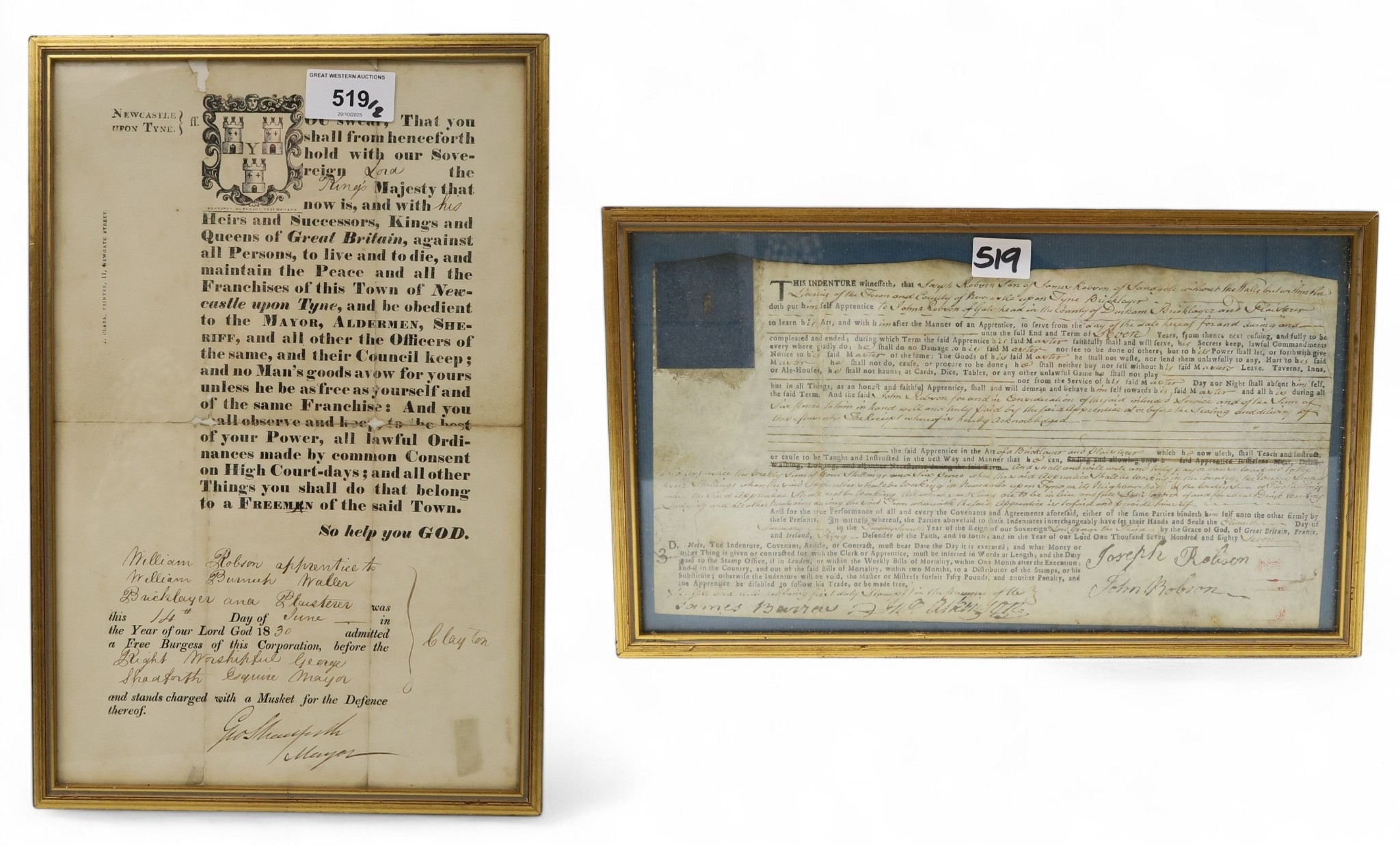 A George III Apprentice's Indenture, recognising Joseph Robson as ...