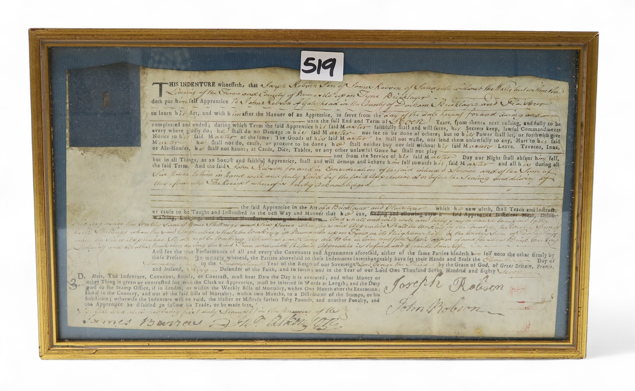 A George III Apprentice's Indenture, recognising Joseph Robson as ...
