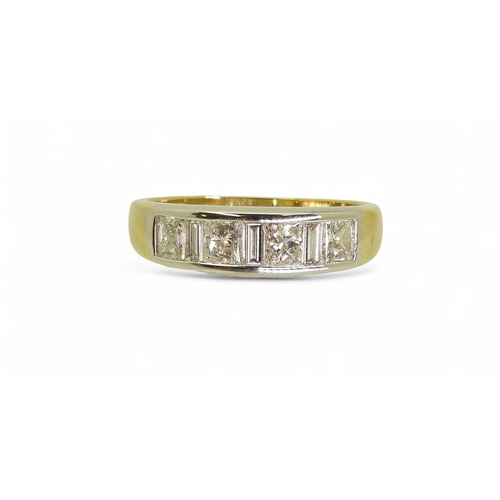 2739 - A PRINCESS CUT DIAMOND RINGthe mount in yellow and white 18ct gold, is set with four princess cut di... 