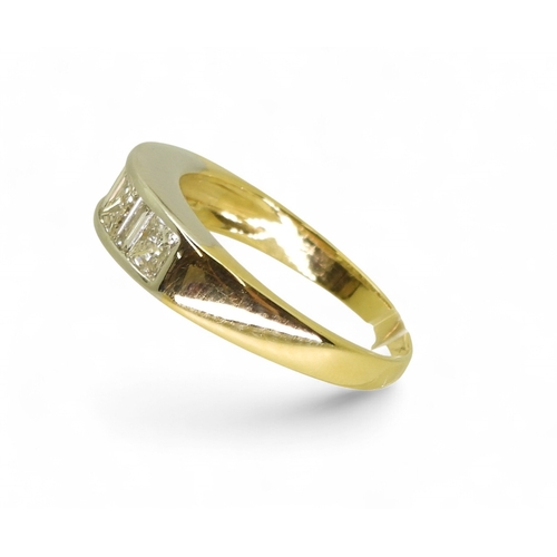 2739 - A PRINCESS CUT DIAMOND RINGthe mount in yellow and white 18ct gold, is set with four princess cut di... 