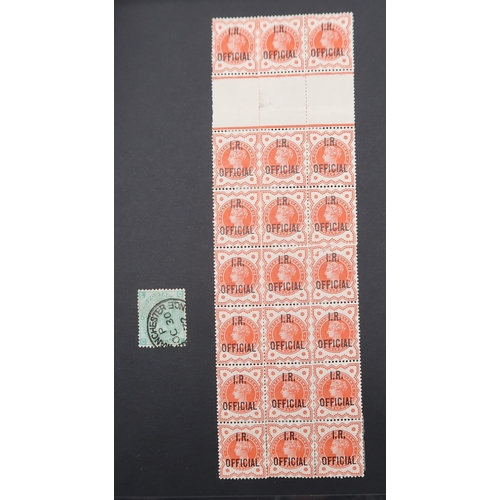 7101 - GB  Block of SG O13, I. R,Official  Overprinted on large block of 1/2d Vermillion. Plus EF Used copy... 