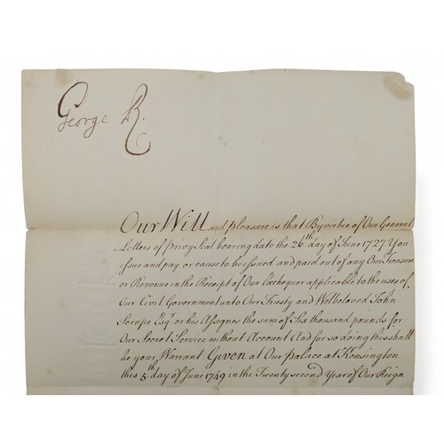 2521 - 18th CENTURY ESPIONAGEA document signed by King George II, dated 5th June 1747, recording the paymen... 