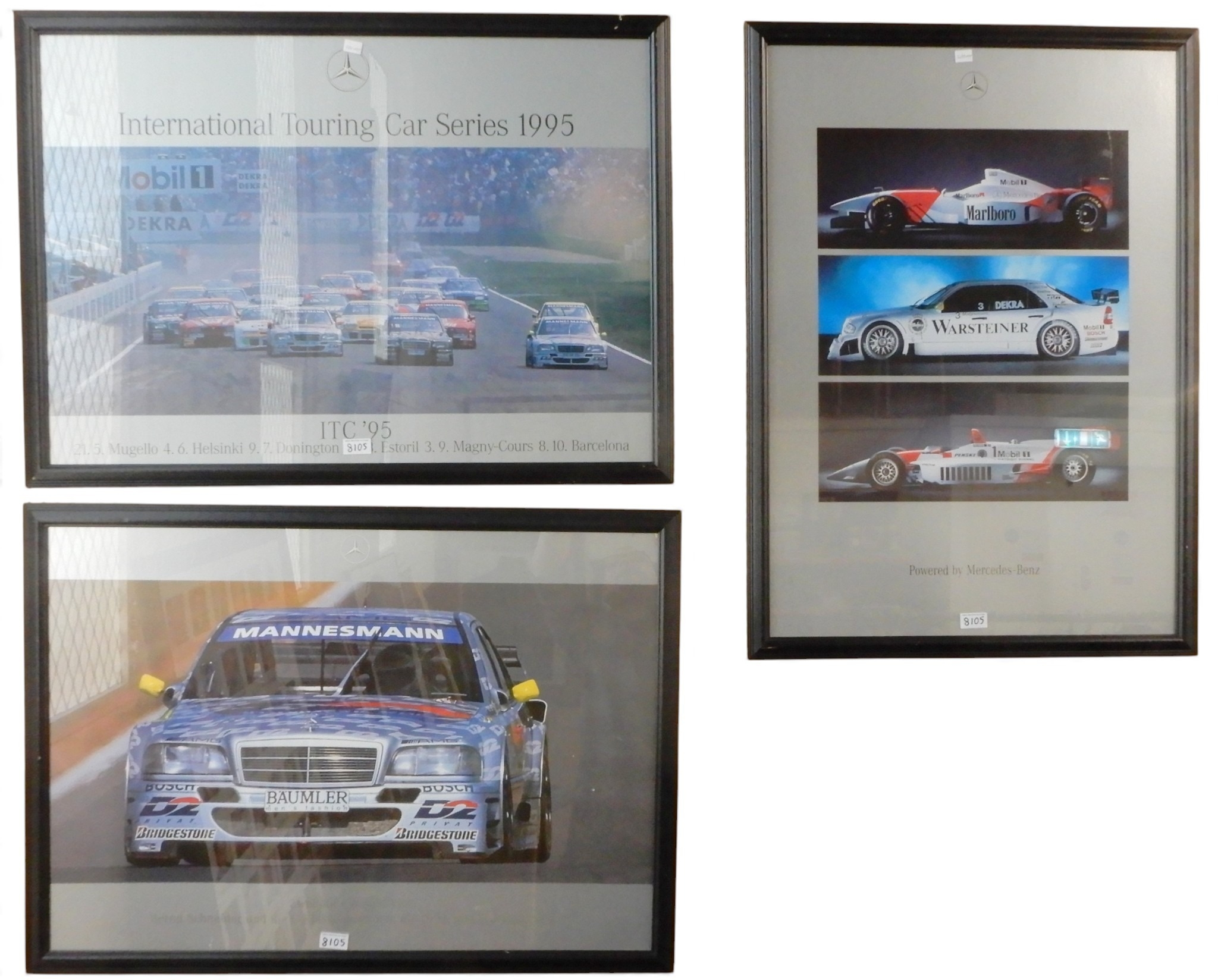 A series of five 1990s-era Mercedes-Benz motor racing posters, with ...