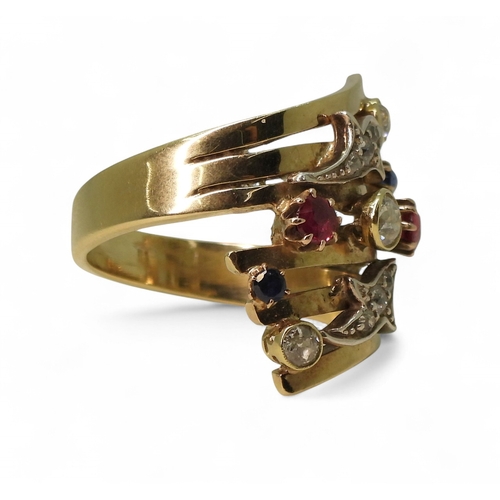 A unique dress ring, made in 9ct gold and studded with diamonds rubies ...