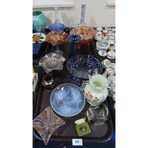 396 - An Etling opalescent dish by Georges Beal, an iridescent vase with fluted rim, a Murano latticinio d... 