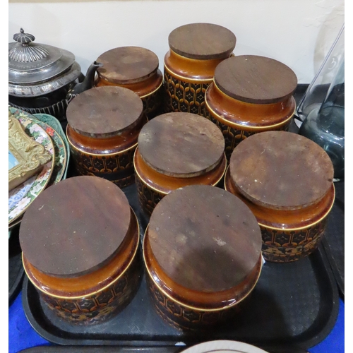 402 - A large Gouda plate decorated with chrysanthemums, Hornsea storage jars, assorted tea wares and plat... 