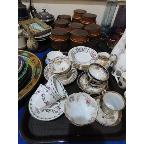 402 - A large Gouda plate decorated with chrysanthemums, Hornsea storage jars, assorted tea wares and plat... 