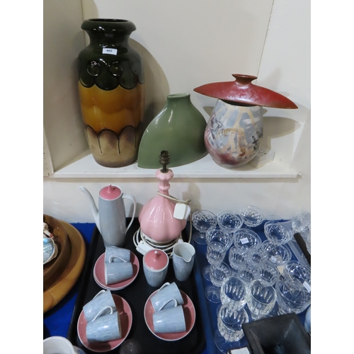 405 - A large West German vase, a raku vase by Muddy Fingers Pottery, a Cmielow Polish coffee set and othe... 