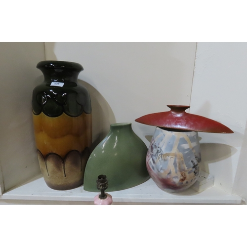 405 - A large West German vase, a raku vase by Muddy Fingers Pottery, a Cmielow Polish coffee set and othe... 