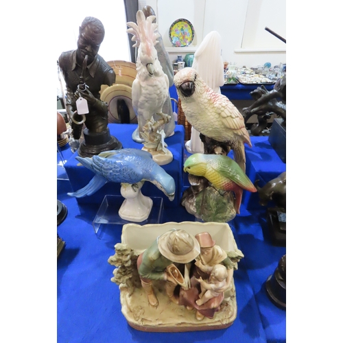 415A - A Royal Dux figure of a cockatoo, another of a Macaw, a planter modelled as a family group and two o... 