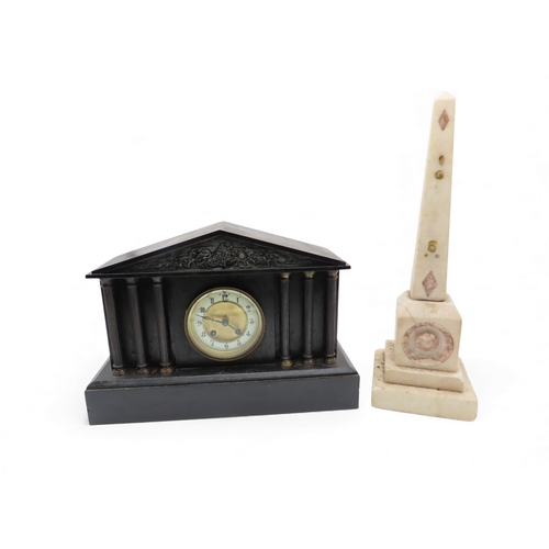 417 - A painted black mantle clock together with an alabaster model of a needle column&nbsp;