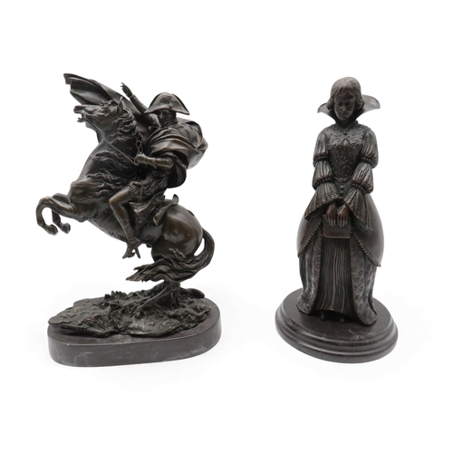 418 - A contemporary bronze of Napoleon on a rearing horse together with a lady after Chiparus