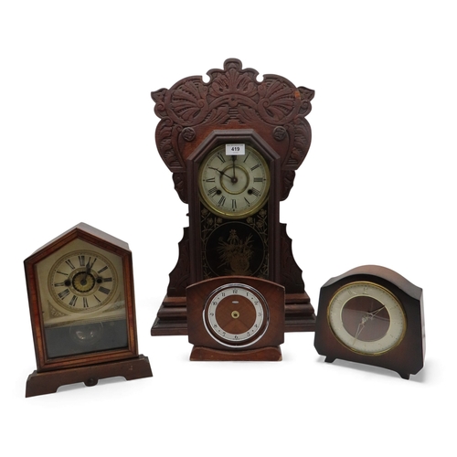 419 - An American gingerbread clock and three other clocks