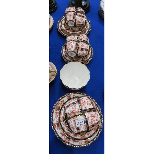 421A - A Royal Crown Derby Chatsworth pattern tea set comprising twelve cups, saucers and plates, two cake ... 