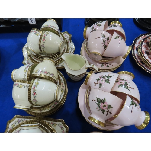 422 - Six Royal Crown Derby 383 imari pattern cups, saucers and plates together with a lady artist painted... 