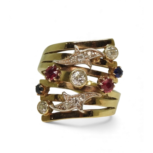 A unique dress ring, made in 9ct gold and studded with diamonds rubies ...