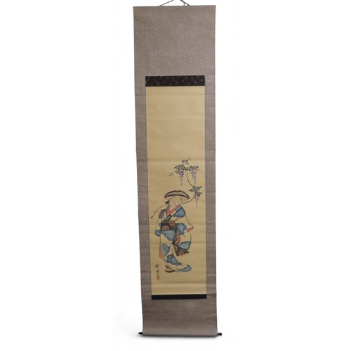 428 - A collection of Japanese watercolour and ink scrollsincluding a painted fan leaf, 146 x 62cm, anothe... 