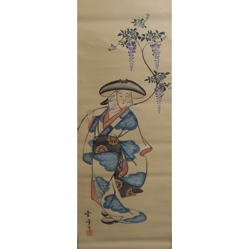 428 - A collection of Japanese watercolour and ink scrollsincluding a painted fan leaf, 146 x 62cm, anothe... 