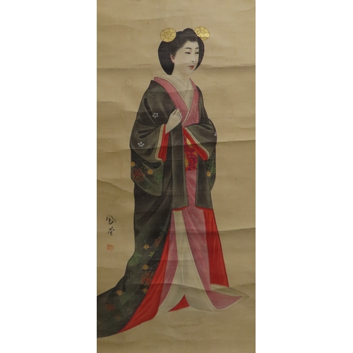 428 - A collection of Japanese watercolour and ink scrollsincluding a painted fan leaf, 146 x 62cm, anothe... 