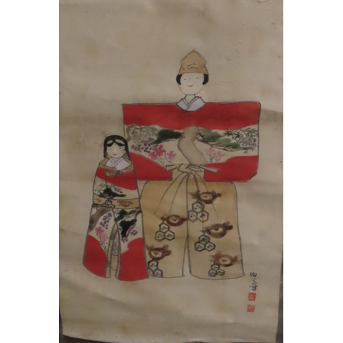 428 - A collection of Japanese watercolour and ink scrollsincluding a painted fan leaf, 146 x 62cm, anothe... 