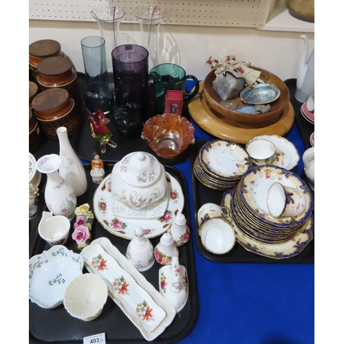 403 - A pair of Dartington glass vases etched with the Girlguiding logo, a Caithness amethyst vase, other ... 