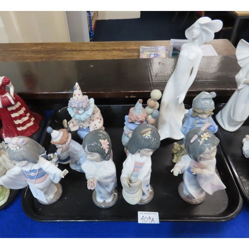 409A - Three Lladro clown children, four Geisha girls, a Nao boy and puppy and a Royal Doulton figure Wistf... 