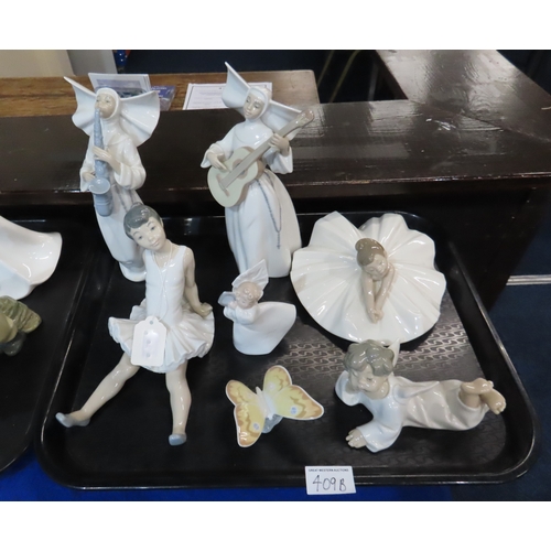 409B - Two Lladro nuns, one playing a saxophone, the other a guitar, an angel, two Nao ballerinas, an angel... 