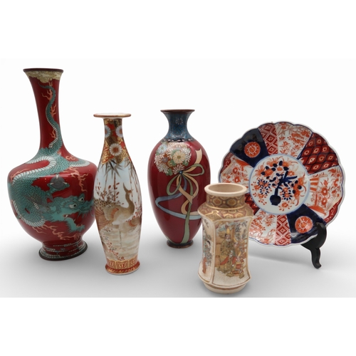 429 - A Japanese vase of lantern form decorated with figures, a dragon decorated cloisonne vase, a flower ... 