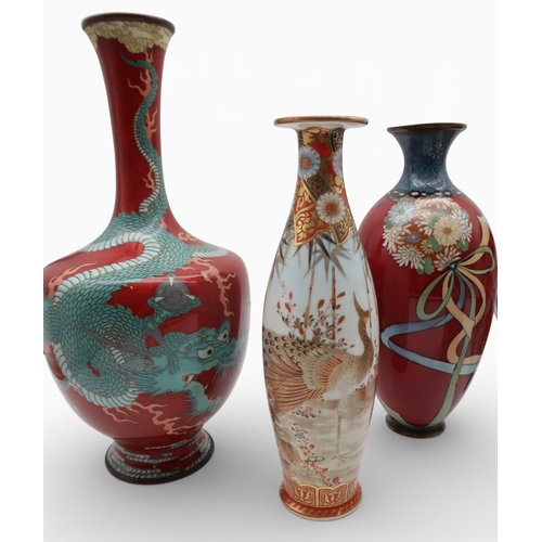 429 - A Japanese vase of lantern form decorated with figures, a dragon decorated cloisonne vase, a flower ... 