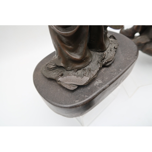 432 - Two bronzed metal sculptures of samurai and a bronze of a lion