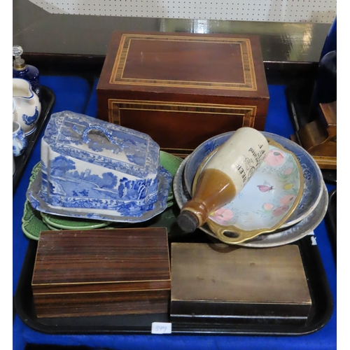 An inlaid writing box, other boxes, Spode cheese dish etc