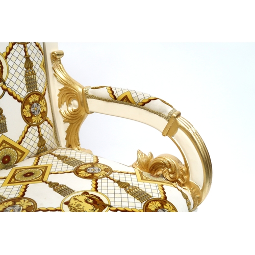 29 - A CONTEMPORARY VERSACE STYLE DINING ROOM SUITE&nbsp;consisting of gilt white dining table on twin fl... 