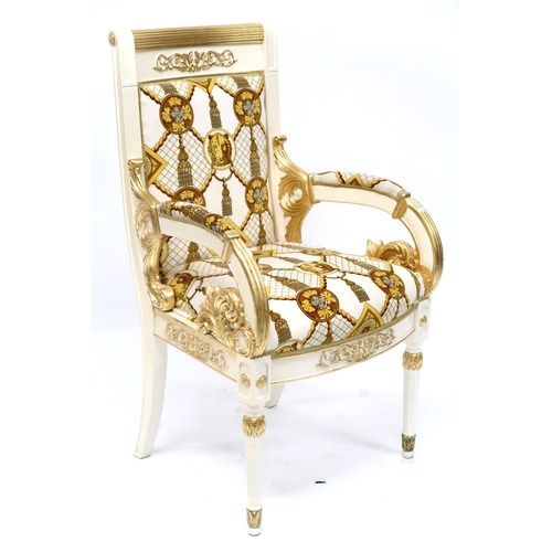 29 - A CONTEMPORARY VERSACE STYLE DINING ROOM SUITE&nbsp;consisting of gilt white dining table on twin fl... 