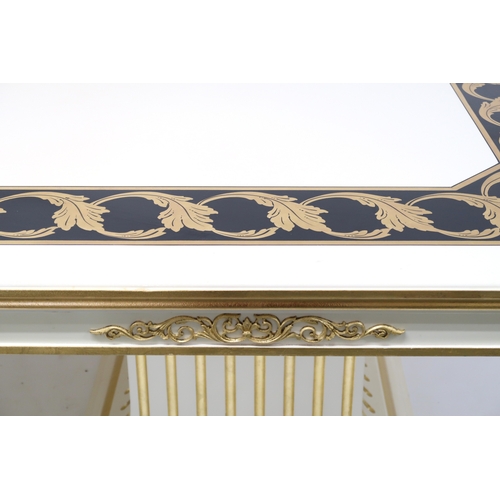 29 - A CONTEMPORARY VERSACE STYLE DINING ROOM SUITE&nbsp;consisting of gilt white dining table on twin fl... 