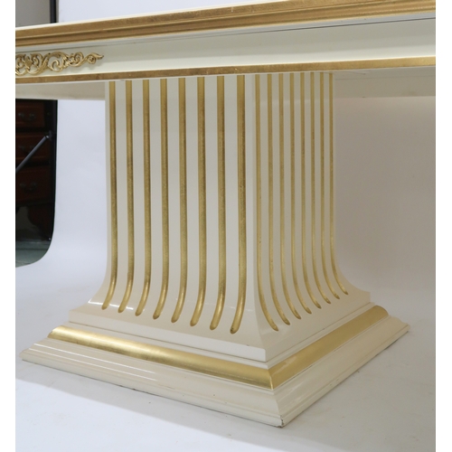 29 - A CONTEMPORARY VERSACE STYLE DINING ROOM SUITE&nbsp;consisting of gilt white dining table on twin fl... 