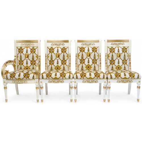 29 - A CONTEMPORARY VERSACE STYLE DINING ROOM SUITE&nbsp;consisting of gilt white dining table on twin fl... 
