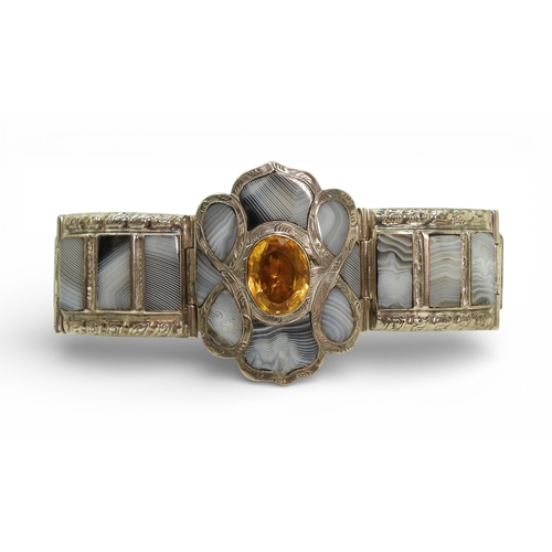 2704 - A VICTORIAN SCOTTISH AGATE BRACELETthe central flower set with a citrine, and good specimen banded g... 