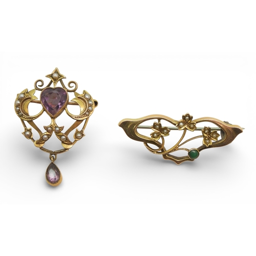 2705 - TWO VINTAGE 9CT BROOCHESthe first example set with a heart shaped amethyst&nbsp; and pearls, dimensi... 